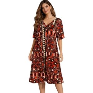 H&M Red V-Neck Midi Dress Short Sleeve Casual Size 8 Geometric Pattern